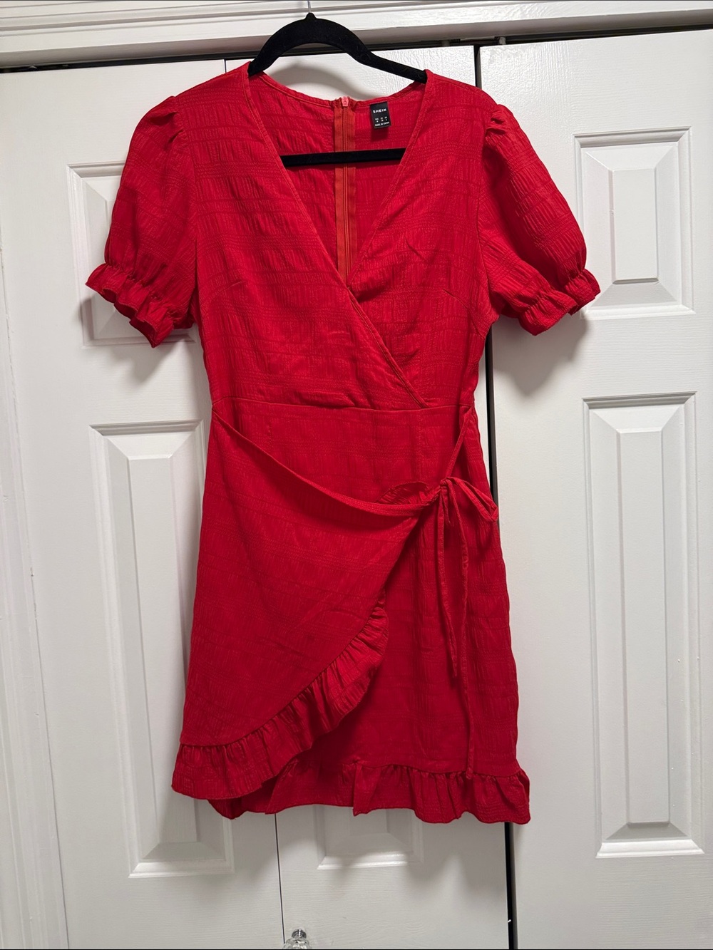Red Wrap Mini Dress with Ruffle Hem